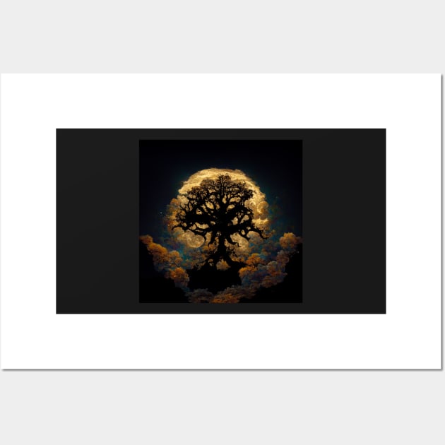 Large old oak tree at night surrounded by glowing magic mushrooms on the ground and a full moon in the sky with fractal clouds Wall Art by Riverside-Moon